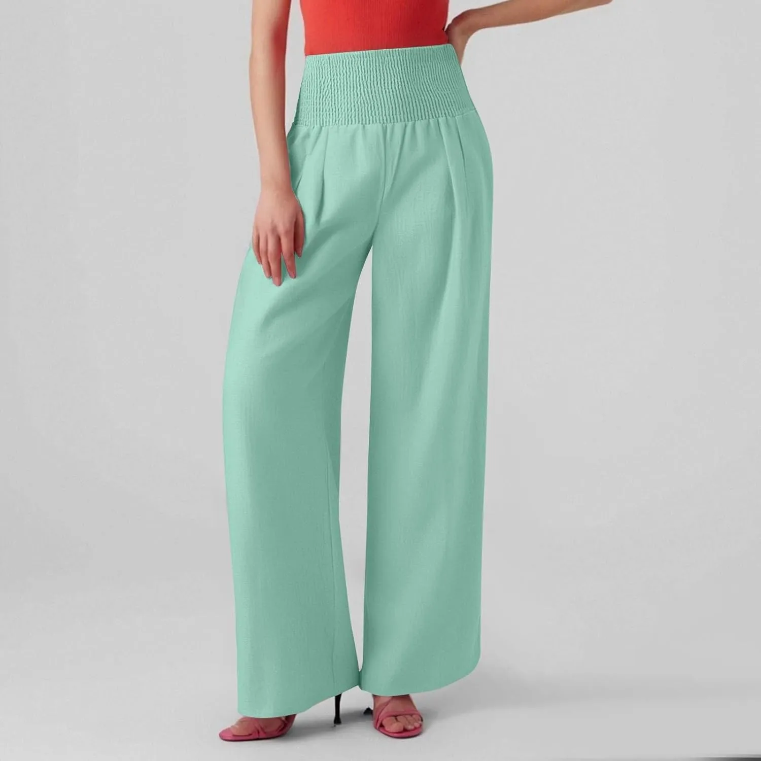Wide Leg Linen Pants for Women Summer Smocked High Waisted Casual Palazzo Pants Lounge Trouser with Pockets (S-XXL)