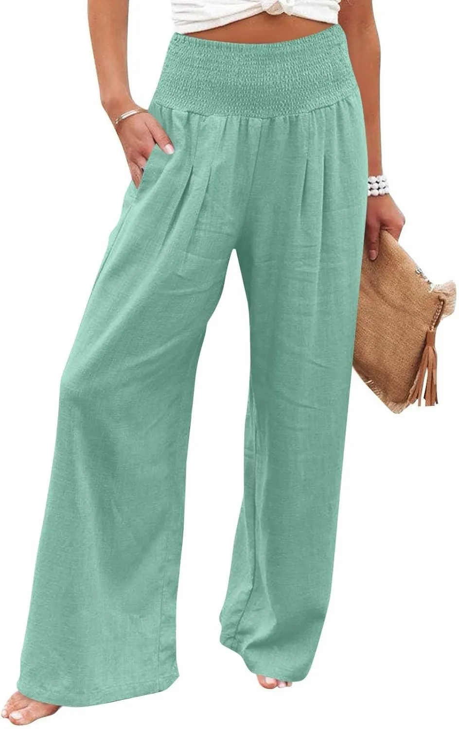 Wide Leg Linen Pants for Women Summer Smocked High Waisted Casual Palazzo Pants Lounge Trouser with Pockets (S-XXL)