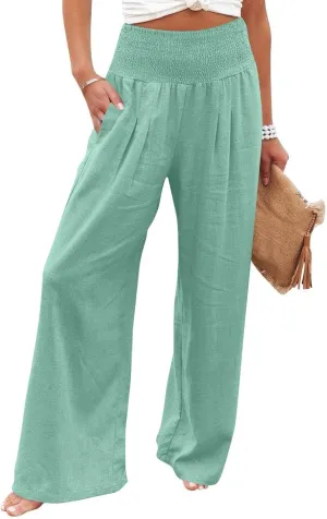 Wide Leg Linen Pants for Women Summer Smocked High Waisted Casual Palazzo Pants Lounge Trouser with Pockets (S-XXL)