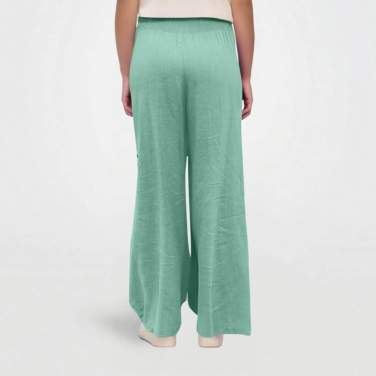 Wide Leg Linen Pants for Women Summer Smocked High Waisted Casual Palazzo Pants Lounge Trouser with Pockets (S-XXL)