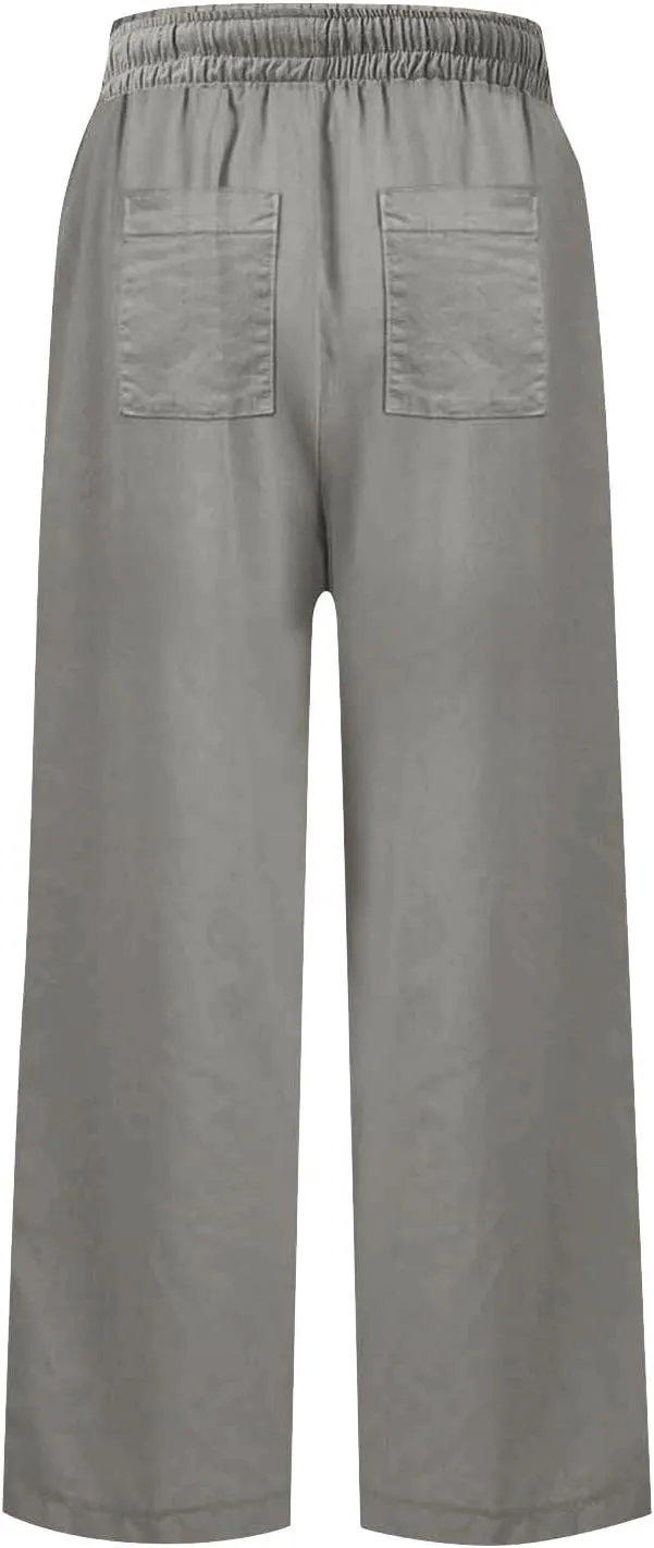 Wide Leg Linen Pants Woman Elastic High Waist Cropped Slacks Trendy Summer Business Casual Work Lounge Trouser Pockets