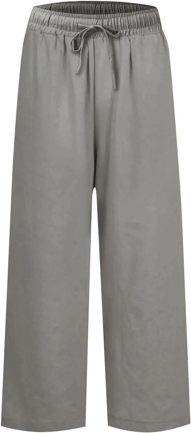Wide Leg Linen Pants Woman Elastic High Waist Cropped Slacks Trendy Summer Business Casual Work Lounge Trouser Pockets