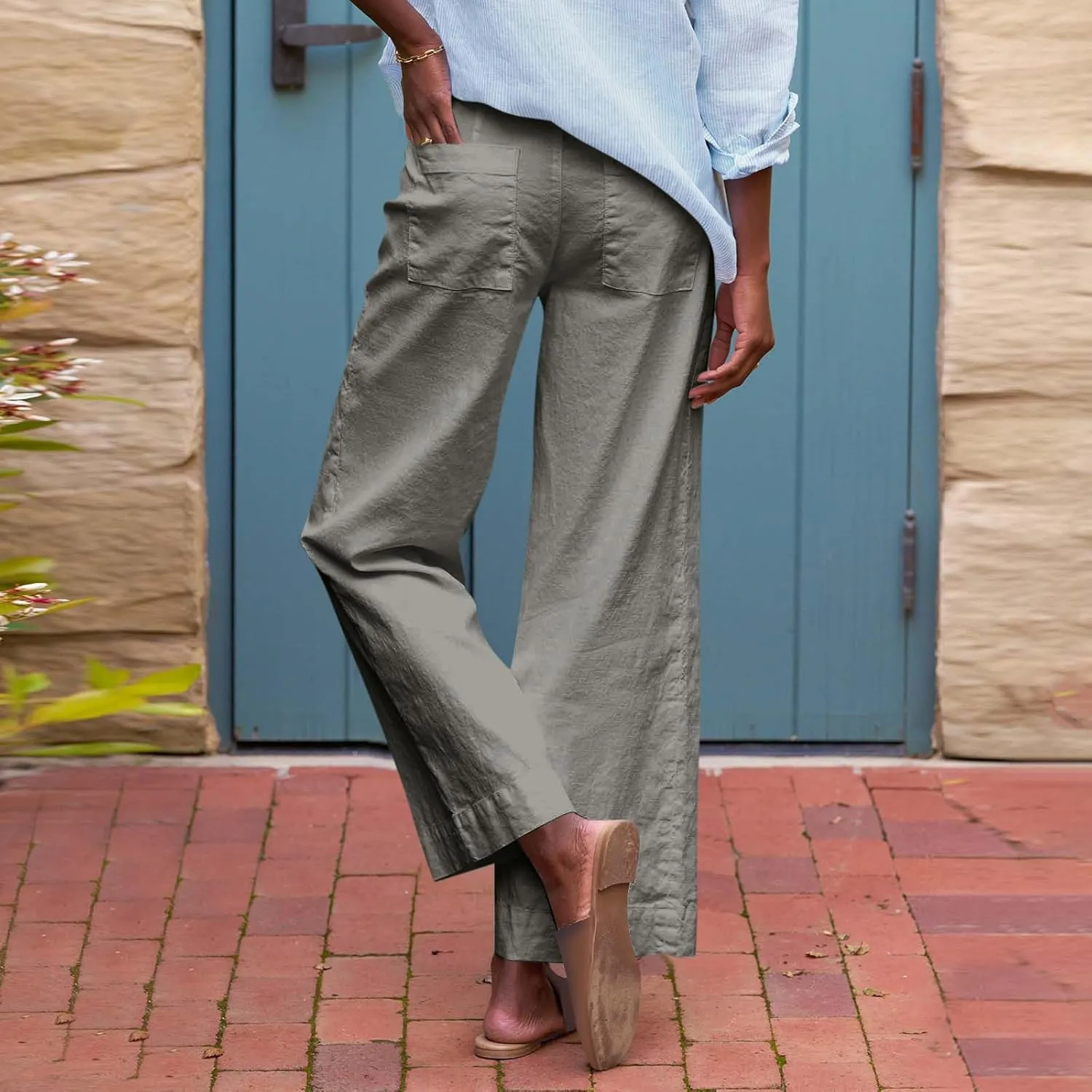 Wide Leg Linen Pants Woman Elastic High Waist Cropped Slacks Trendy Summer Business Casual Work Lounge Trouser Pockets