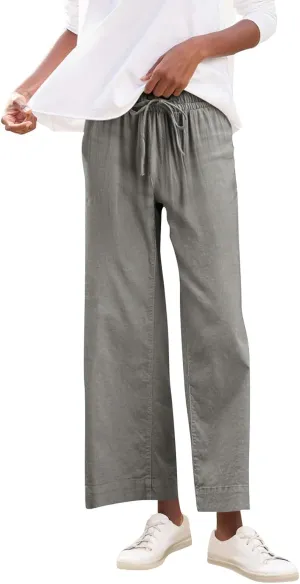 Wide Leg Linen Pants Woman Elastic High Waist Cropped Slacks Trendy Summer Business Casual Work Lounge Trouser Pockets