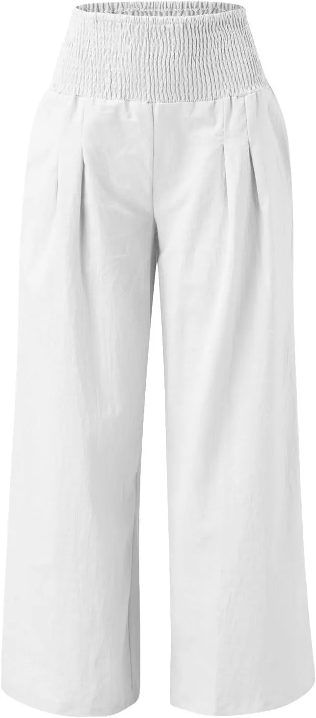 Wide Leg Trousers Women High Waist Casual Loose Palazzo Pants High Waisted Cotton Linen Long Trousers with Pocket