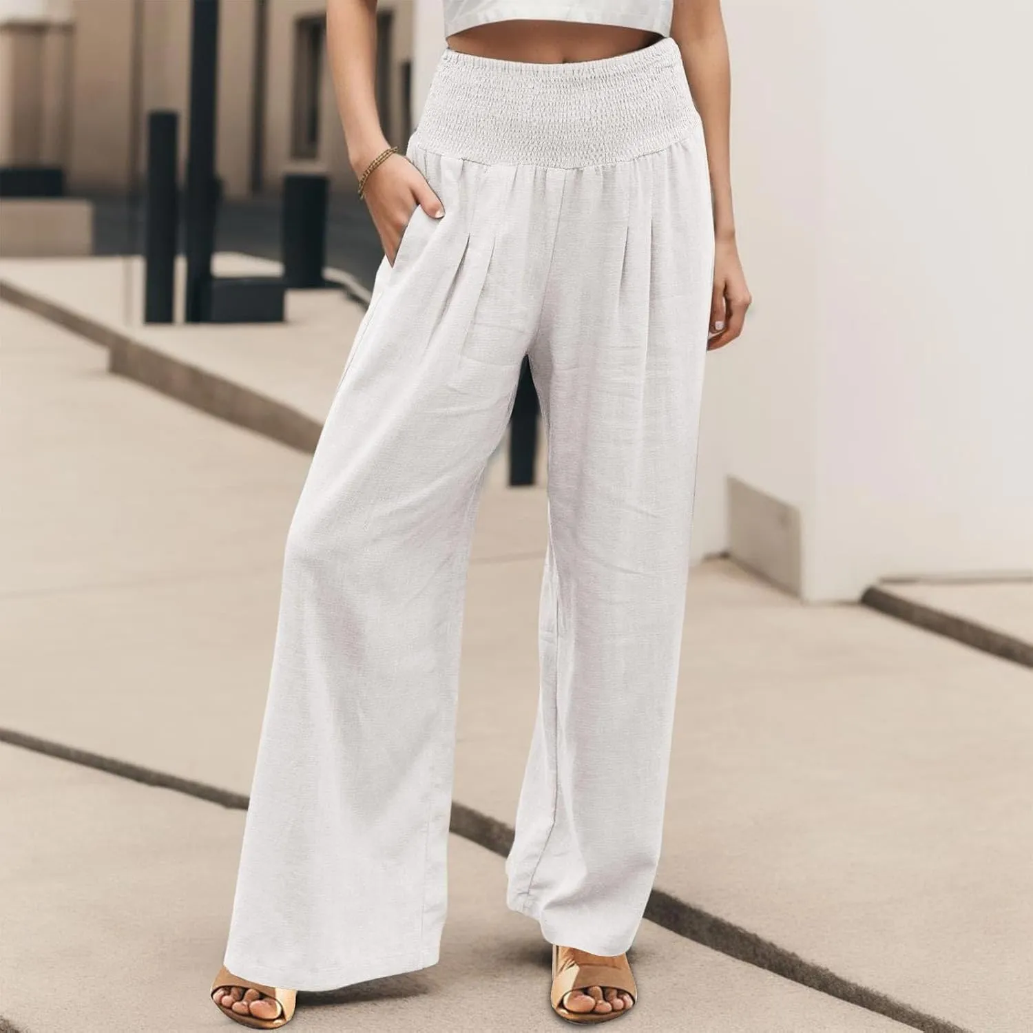 Wide Leg Trousers Women High Waist Casual Loose Palazzo Pants High Waisted Cotton Linen Long Trousers with Pocket