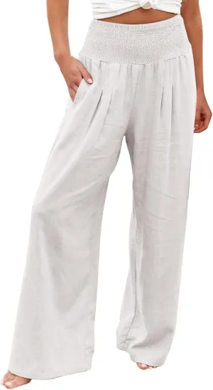 Wide Leg Trousers Women High Waist Casual Loose Palazzo Pants High Waisted Cotton Linen Long Trousers with Pocket
