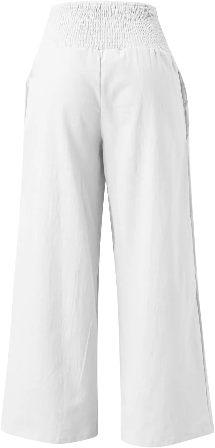 Wide Leg Trousers Women High Waist Casual Loose Palazzo Pants High Waisted Cotton Linen Long Trousers with Pocket