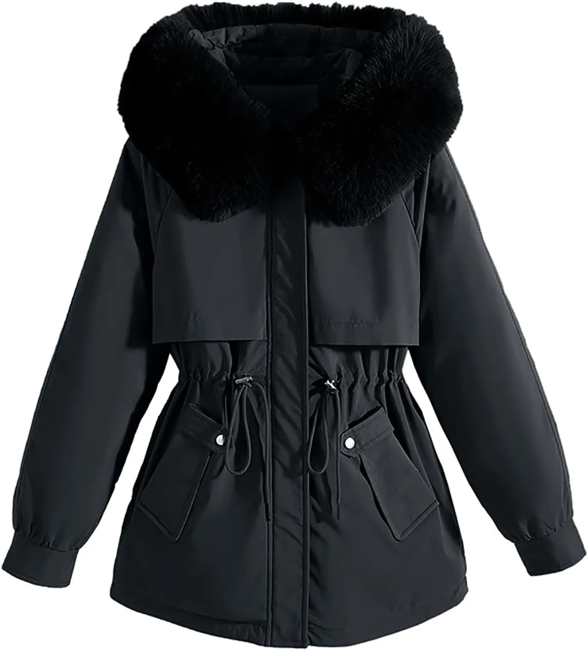 Winter Coats for Women Thickened Down Cotton-Padded Jacket with Fur Hood Puffer Parka Coat Drawstring Pockets Outwear