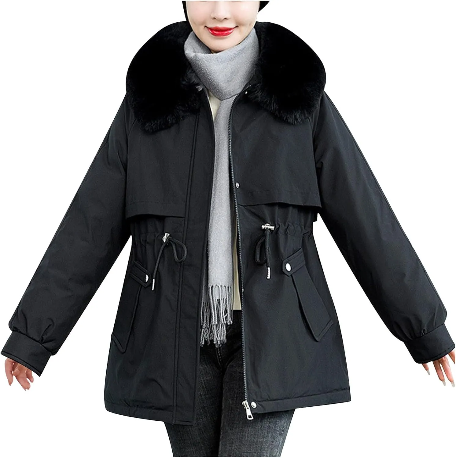 Winter Coats for Women Thickened Down Cotton-Padded Jacket with Fur Hood Puffer Parka Coat Drawstring Pockets Outwear