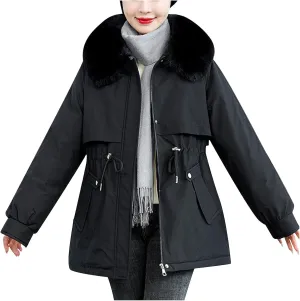Winter Coats for Women Thickened Down Cotton-Padded Jacket with Fur Hood Puffer Parka Coat Drawstring Pockets Outwear