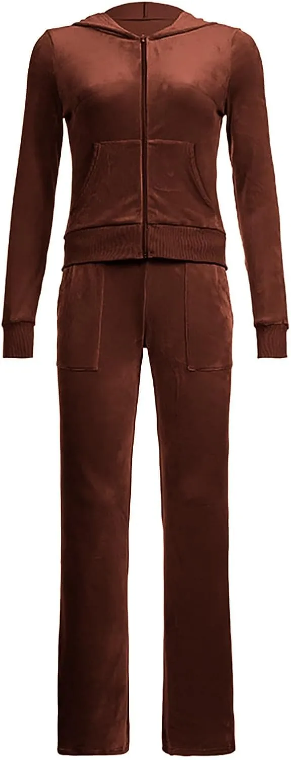 Women 2 Piece Velour Tracksuits Long Sleeve Full Zip Hoodie Cropped Jacket and Sweatpants Velvet Y2K Sweatsuit Set