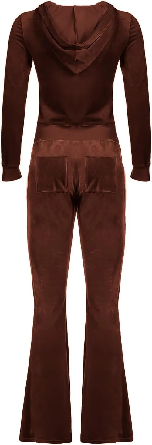 Women 2 Piece Velour Tracksuits Long Sleeve Full Zip Hoodie Cropped Jacket and Sweatpants Velvet Y2K Sweatsuit Set