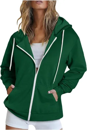 Women 2023 Sweatshirt Jackets Casual Long Sleeve Hoodies Full Zip Solid Cardigan Coats Outerwear with Pockets