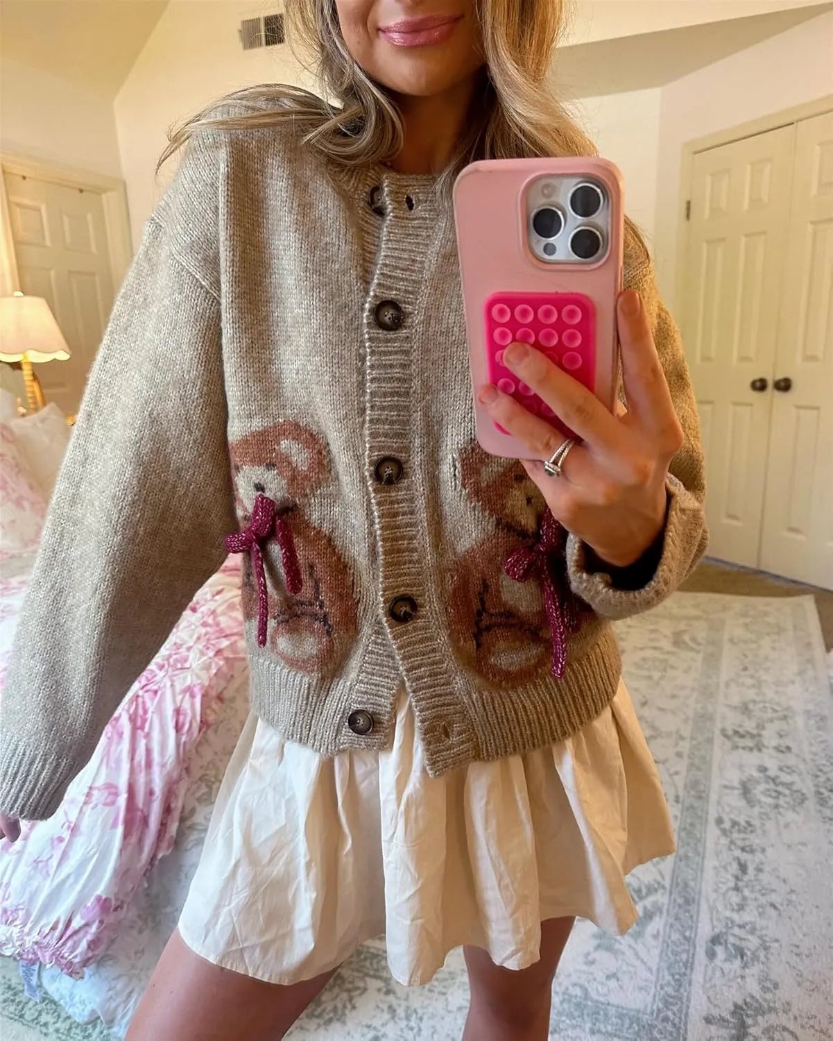 Women Button Down Cardigan Sweaters Cute Bow Bear Knitted Pattern Casual Fall Winter Cardigan Coats