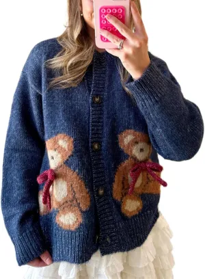 Women Button Down Cardigan Sweaters Cute Bow Bear Knitted Pattern Casual Fall Winter Cardigan Coats