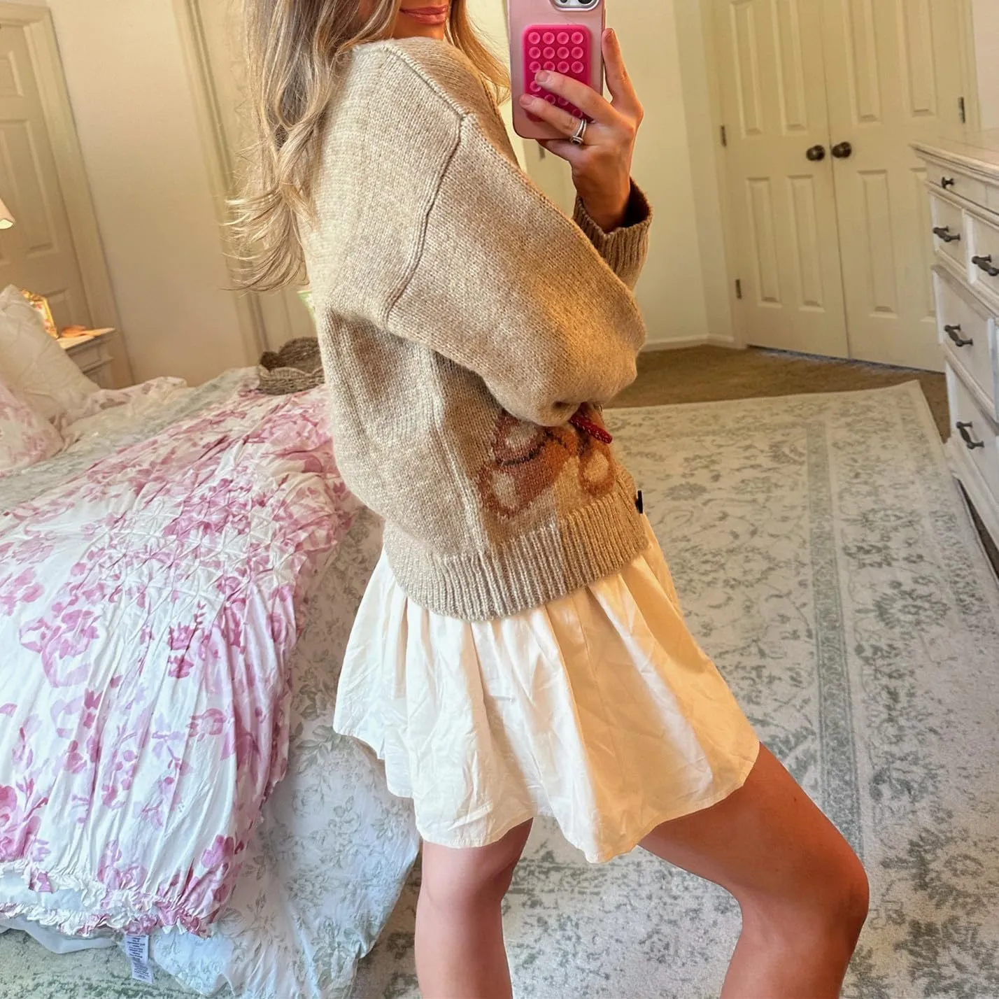 Women Button Down Cardigan Sweaters Cute Bow Bear Knitted Pattern Casual Fall Winter Cardigan Coats