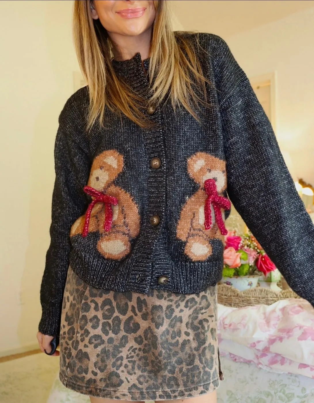 Women Button Down Cardigan Sweaters Cute Bow Bear Knitted Pattern Casual Fall Winter Cardigan Coats