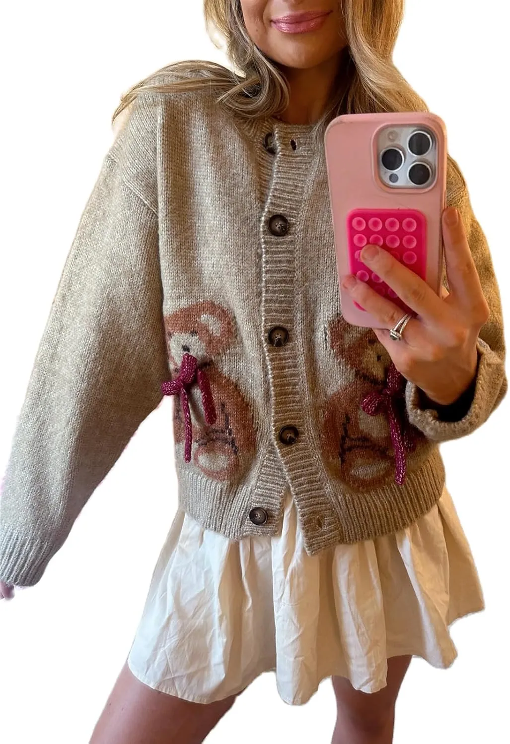 Women Button Down Cardigan Sweaters Cute Bow Bear Knitted Pattern Casual Fall Winter Cardigan Coats