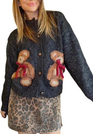 Women Button Down Cardigan Sweaters Cute Bow Bear Knitted Pattern Casual Fall Winter Cardigan Coats