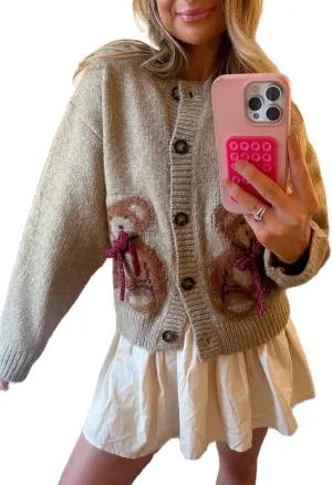 Women Button Down Cardigan Sweaters Cute Bow Bear Knitted Pattern Casual Fall Winter Cardigan Coats