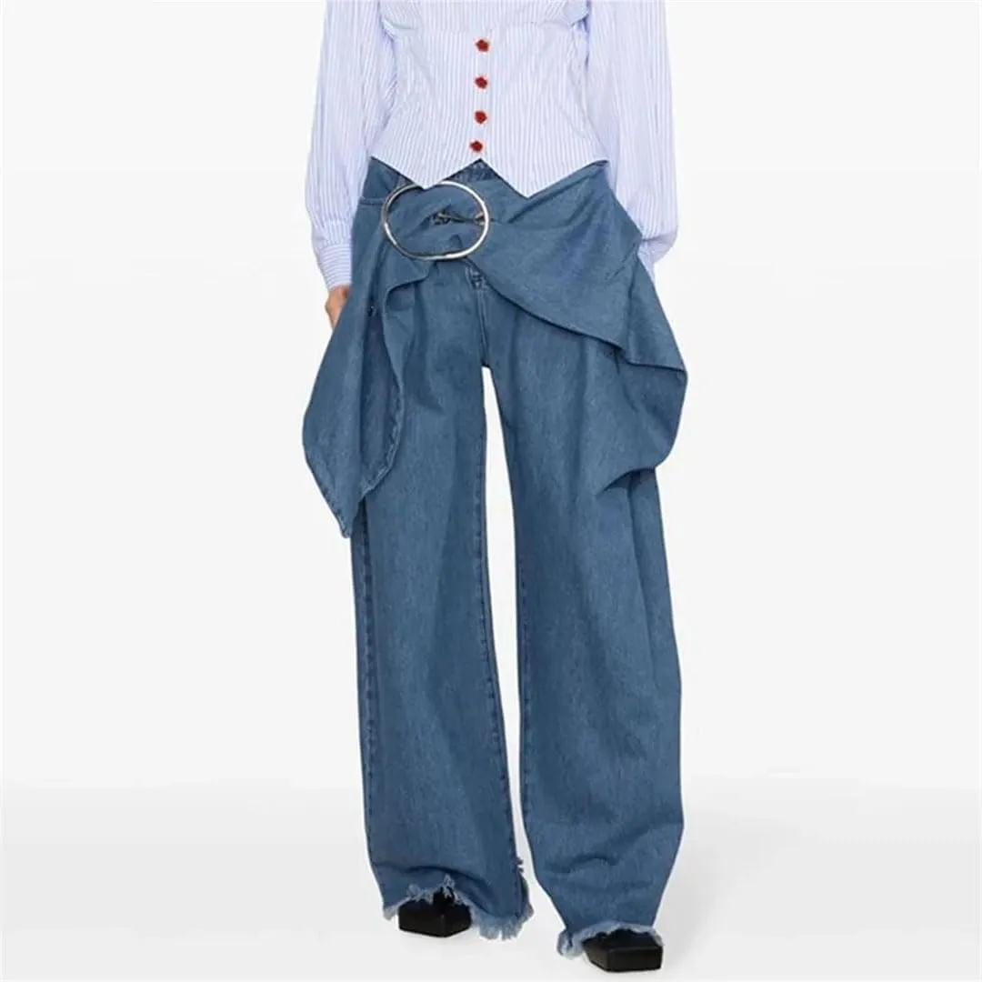 Women Casual Patchwork Denim Trousers High Waist Spliced Belt Loose Wide Leg Pants