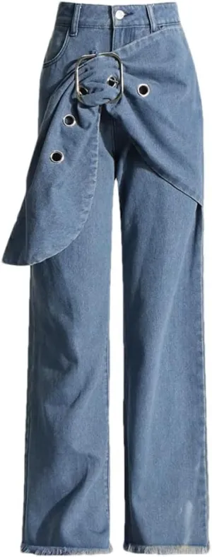 Women Casual Patchwork Denim Trousers High Waist Spliced Belt Loose Wide Leg Pants