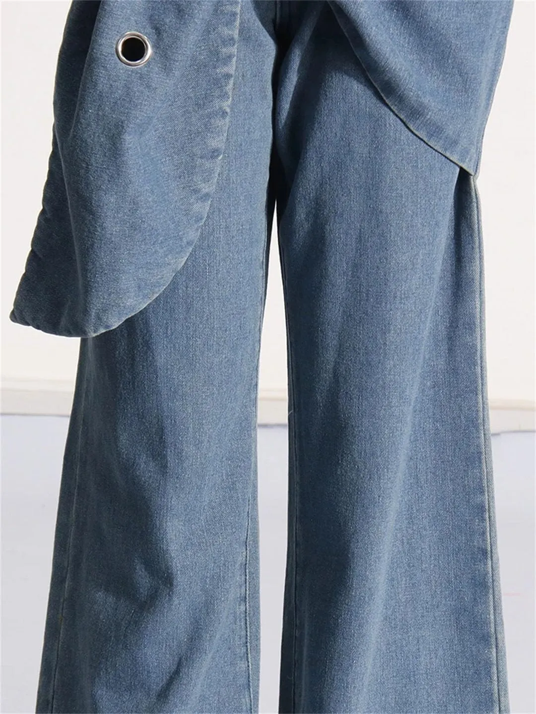 Women Casual Patchwork Denim Trousers High Waist Spliced Belt Loose Wide Leg Pants