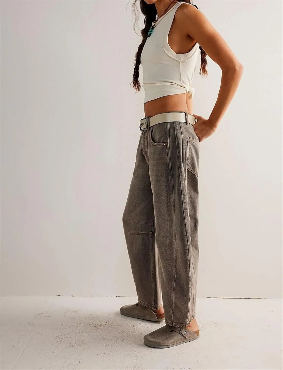 Women Casual Wide Leg Baggy Denim Pants Mid Waist Boyfriend Loose Jeans Barrel Jeans Women with Pockets