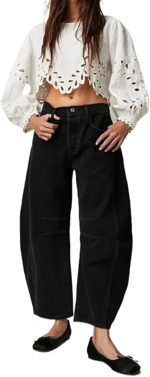 Women Casual Wide Leg Baggy Denim Pants Mid Waist Boyfriend Loose Jeans Barrel Jeans Women with Pockets