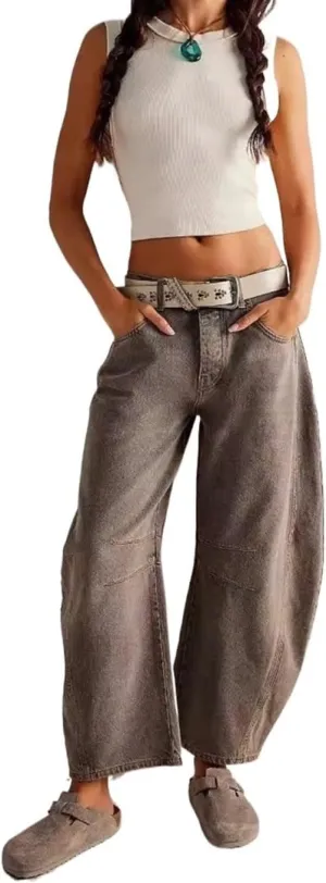 Women Casual Wide Leg Baggy Denim Pants Mid Waist Boyfriend Loose Jeans Barrel Jeans Women with Pockets