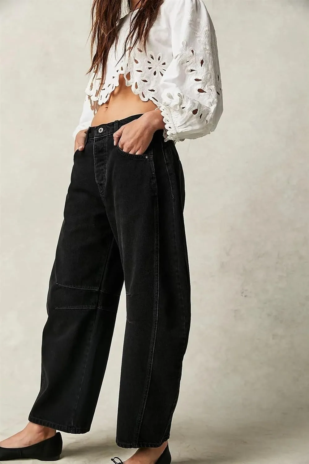 Women Casual Wide Leg Baggy Denim Pants Mid Waist Boyfriend Loose Jeans Barrel Jeans Women with Pockets