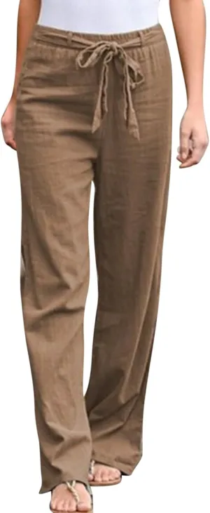 Women Cotton Linen Summer Comfy Pant Trousers Elastic Waist Baggy Stretchy Slim Fit Palazzo Lounge Pants Trendy
