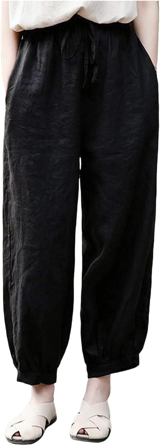 Women Cotton Linen Summer Flowy Pants High Waist Stretchy Loose Fit Pants Business Work