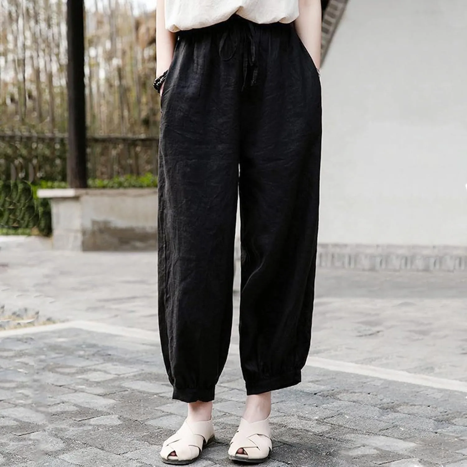 Women Cotton Linen Summer Flowy Pants High Waist Stretchy Loose Fit Pants Business Work