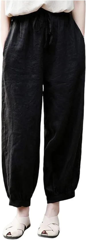 Women Cotton Linen Summer Flowy Pants High Waist Stretchy Loose Fit Pants Business Work