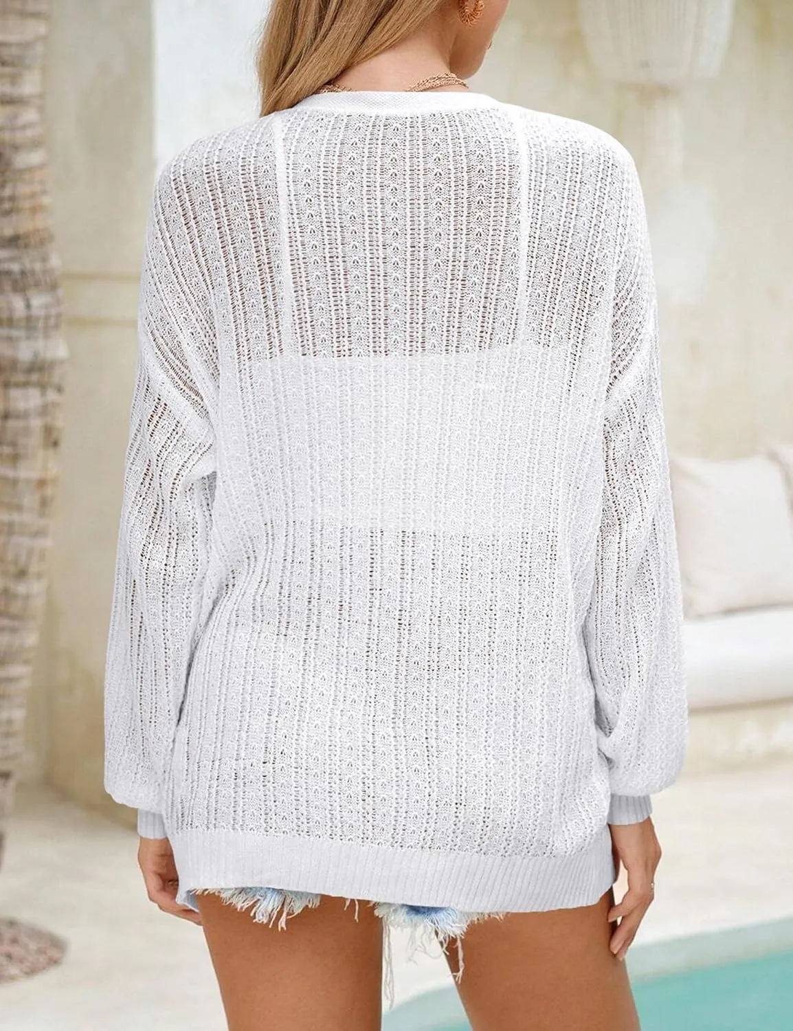 Women Crochet Cardigan Cover Up Lightweight Knit Kimono Open Front Long Sleeve Cardigans