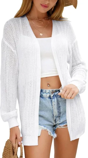 Women Crochet Cardigan Cover Up Lightweight Knit Kimono Open Front Long Sleeve Cardigans