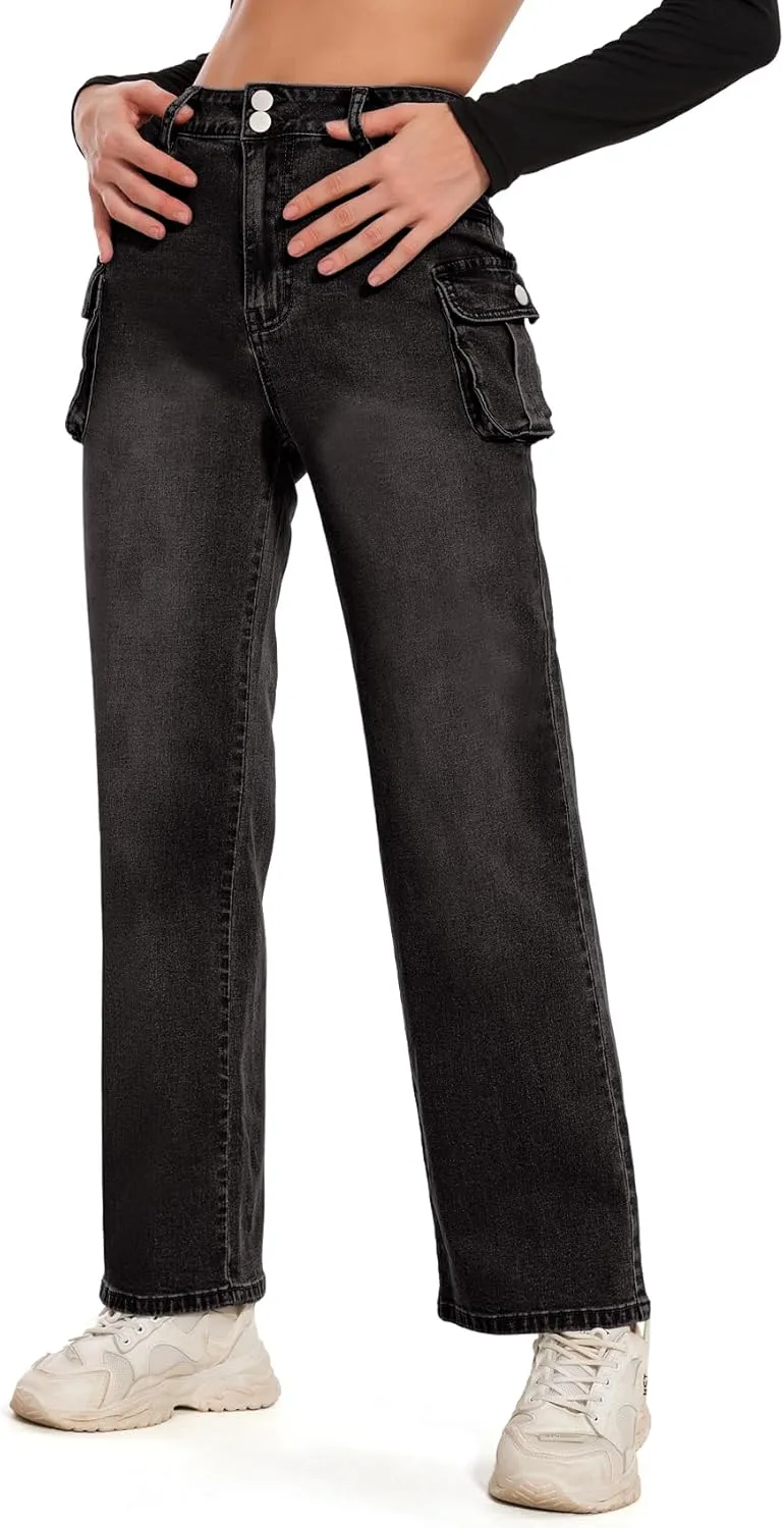 Women Denim Sweatpant Cargo Jeans High Waist Flap Pocket Casual Full-Length Wide Leg Pants Baggy Faux Jeans