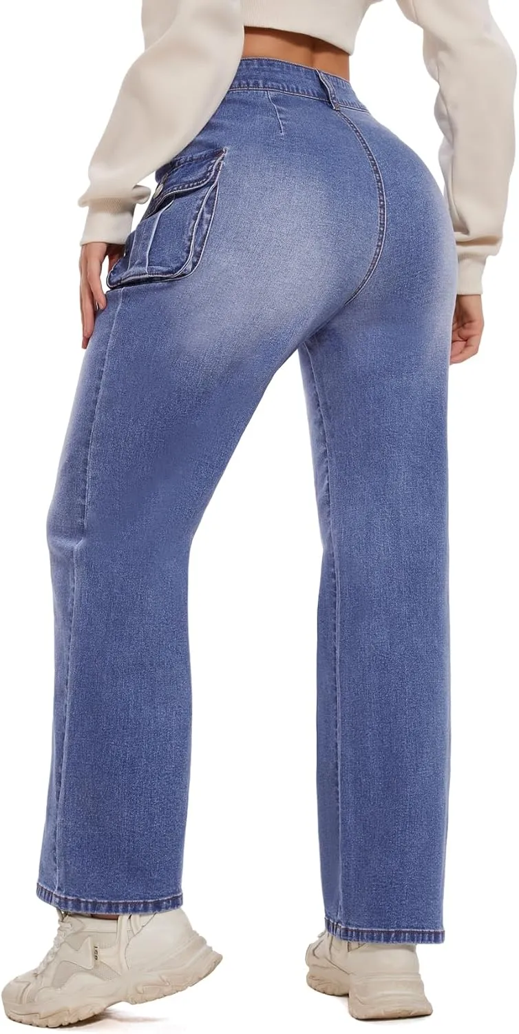 Women Denim Sweatpant Cargo Jeans High Waist Flap Pocket Casual Full-Length Wide Leg Pants Baggy Faux Jeans