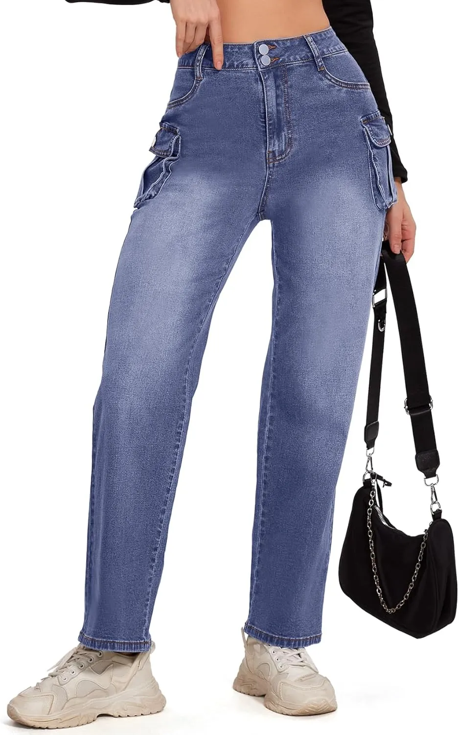 Women Denim Sweatpant Cargo Jeans High Waist Flap Pocket Casual Full-Length Wide Leg Pants Baggy Faux Jeans