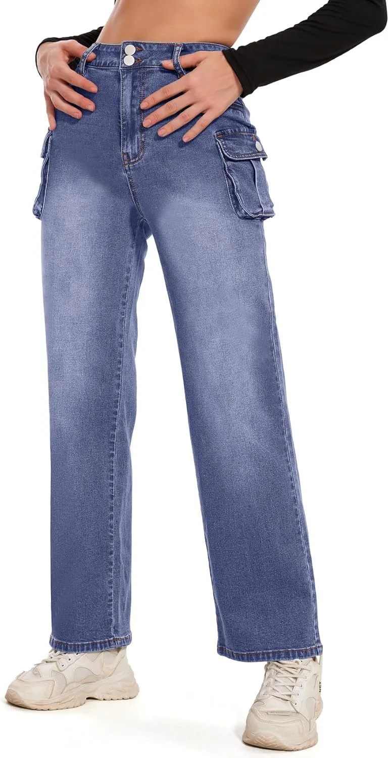 Women Denim Sweatpant Cargo Jeans High Waist Flap Pocket Casual Full-Length Wide Leg Pants Baggy Faux Jeans