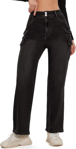 Women Denim Sweatpant Cargo Jeans High Waist Flap Pocket Casual Full-Length Wide Leg Pants Baggy Faux Jeans