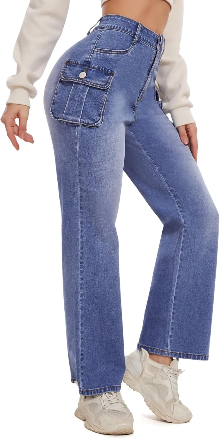 Women Denim Sweatpant Cargo Jeans High Waist Flap Pocket Casual Full-Length Wide Leg Pants Baggy Faux Jeans