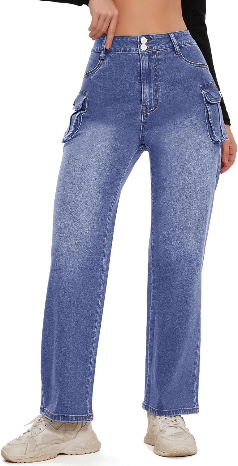 Women Denim Sweatpant Cargo Jeans High Waist Flap Pocket Casual Full-Length Wide Leg Pants Baggy Faux Jeans