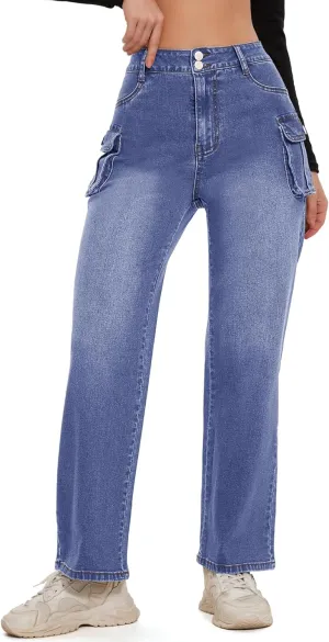 Women Denim Sweatpant Cargo Jeans High Waist Flap Pocket Casual Full-Length Wide Leg Pants Baggy Faux Jeans