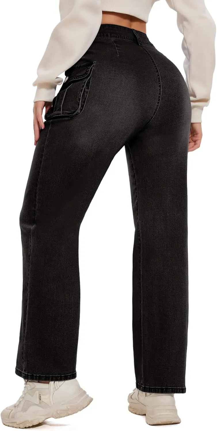 Women Denim Sweatpant Cargo Jeans High Waist Flap Pocket Casual Full-Length Wide Leg Pants Baggy Faux Jeans