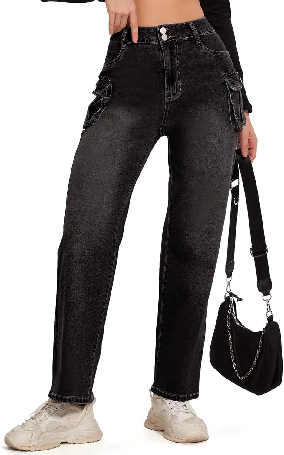 Women Denim Sweatpant Cargo Jeans High Waist Flap Pocket Casual Full-Length Wide Leg Pants Baggy Faux Jeans