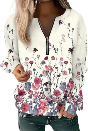 Women Floral Print Crew Neck Half Zip Long Sleeve Sweatshirt 2024 Casual Long Sleeve Tops Loose Fall Clothes