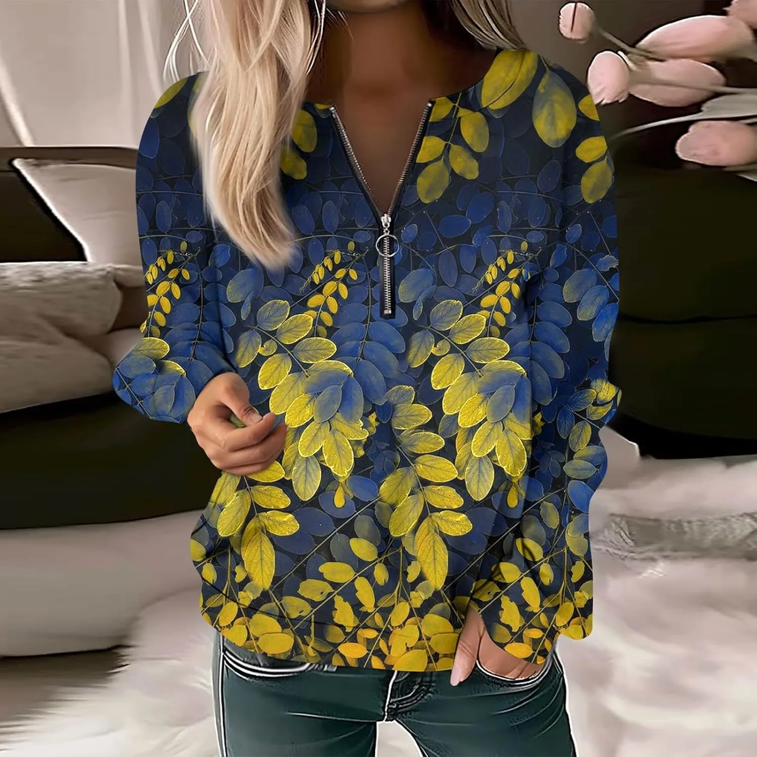 Women Floral Print Crew Neck Half Zip Long Sleeve Sweatshirt 2024 Casual Long Sleeve Tops Loose Fall Clothes